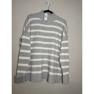 Loft NWT grey and white striped ribbed mock neck sweater M‎